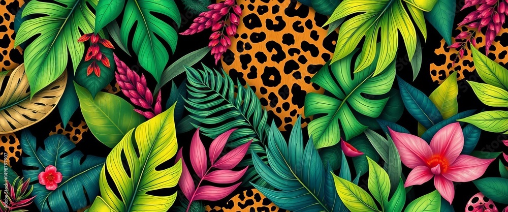 Modern exotic jungle foliage & leopard print collage seamless pattern , wallpaper, green Modern exotic jungle foliage & leopard print collage seamless pattern , wallpaper, green