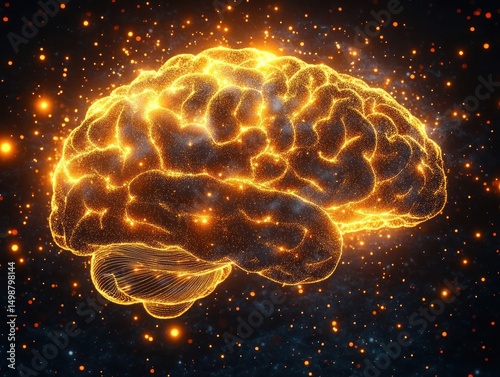 Glowing digital illustration of a human brain emitting golden light particles against a dark cosmic background symbolizing intelligence and neural activity