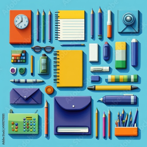Flat lay of colorful office and school supplies including notebooks, pencils, pens, erasers, calculator, glasses, and clock on blue background