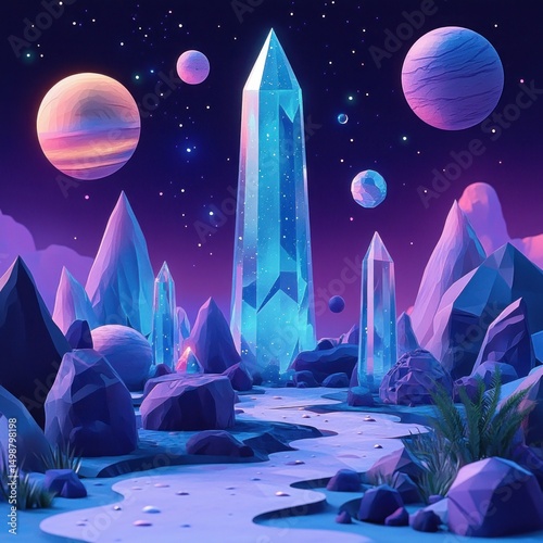 Surreal alien landscape with glowing crystal towers, rocky terrain, distant colorful planets, and a starry purple night sky