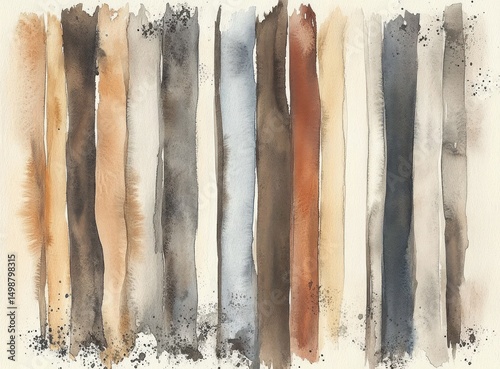 Abstract vertical watercolor stripes in earth tones with black ink splatters creating a rustic and organic texture