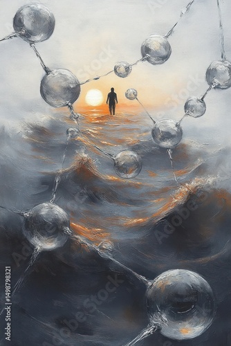 Surreal scene with a silhouetted person walking towards a setting sun over turbulent water, framed by large translucent molecular spheres and connections