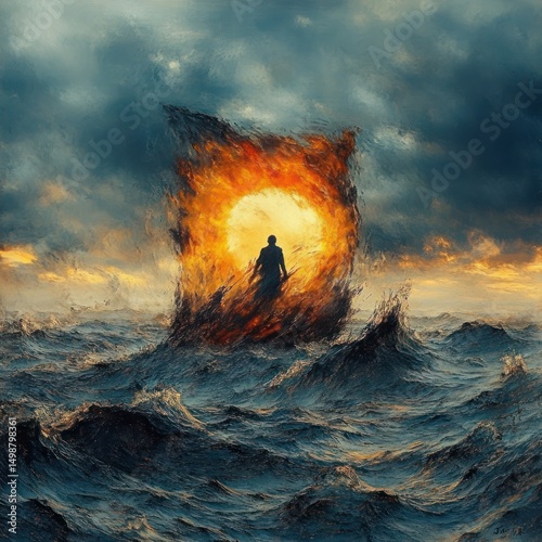 Silhouette of a solitary figure standing on turbulent ocean waves with a fiery glowing portal behind them under a stormy sky