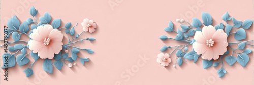 delicate pastel pink flowers with soft blue leaves arranged symmetrically on a light pink background creating a calm and elegant floral design