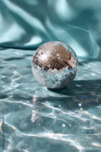 Disco ball by the pool. Summer concept, pool party celebration or an unusual combination of vacation and fun.