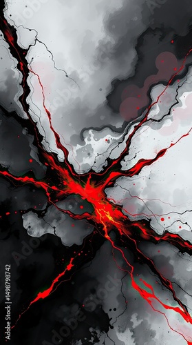 An intense display of vibrant red fissures cuts through dark swirling clouds showcasing a dramatic clash between fire and storm in a captivating abstract design