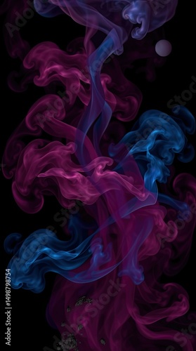 Swirling patterns of purple and blue smoke rise and mingle in a captivating formation creating an ethereal contrast against the black backdrop