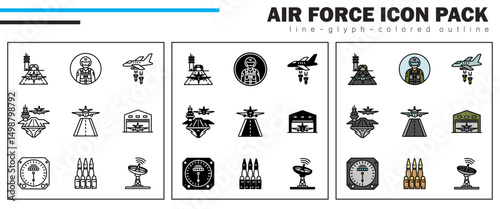 This icon set includes Airbase, Airman, Airstrike, Aircraft Carrier, Airfield, Airplane Hangar, Altimeter, Ammunition, and Antenna—key elements of aerial combat, logistics, and aviation systems.