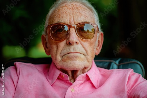 serious elderly man wearing amber sunglasses and a pink shirt sitting outdoors with a blurred green background