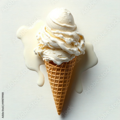 melting vanilla ice cream scoop in a waffle cone with creamy drips on a light background