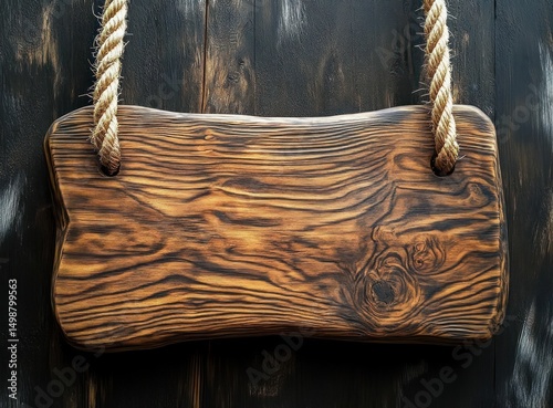 Rustic wooden signboard suspended by thick ropes against a dark wooden background conveying natural and vintage feel