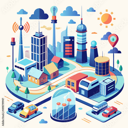 Colorful futuristic city illustration with buildings, wind turbines, and flying elements, perfect for urban innovation, sustainability, or smart city concepts.