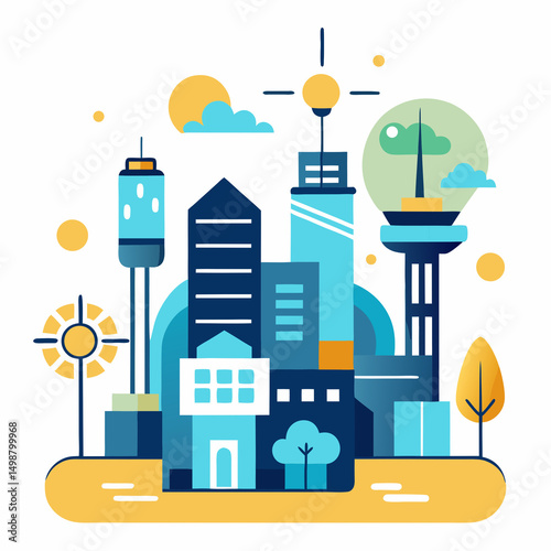 Colorful futuristic city illustration with buildings, wind turbines, and flying elements, perfect for urban innovation, sustainability, or smart city concepts.