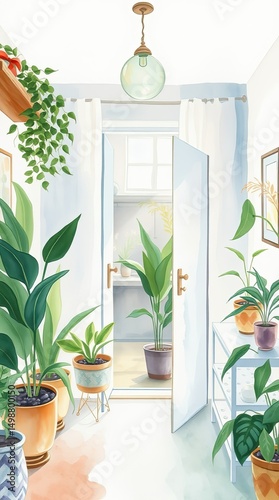 Lush green houseplants decorate a bright indoor space with an open door revealing a light filled area and wooden elements creating a cozy atmosphere
