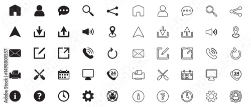Web icon set, website icon, Contact us icon vector.  home, user, search, chat, share, house, speech bubble, magnifying glass, arrow, download, speaker, location pin, envelope, expand, phone, refresh.