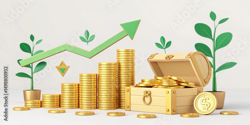 3D gold coins and dollar arrows on financial charts background symbolize economic growth, investment success, and profit in business or finance.