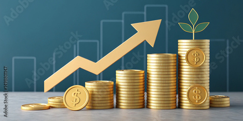 3D gold coins and dollar arrows on financial charts background symbolize economic growth, investment success, and profit in business or finance.