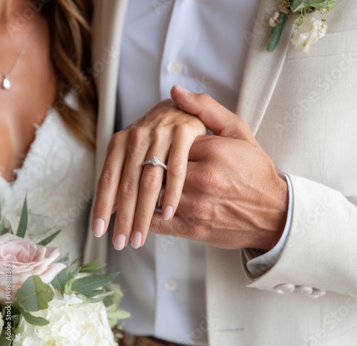 Close-up of hands of newlyweds with wedding rings and bouquet. Ideal for themes related to weddings, anniversaries, engagements and love stories.