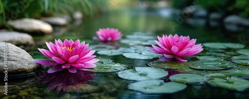 Nature meditation in peaceful meditation with lotus concept. Beautiful pink water lilies floating on serene water surface.
