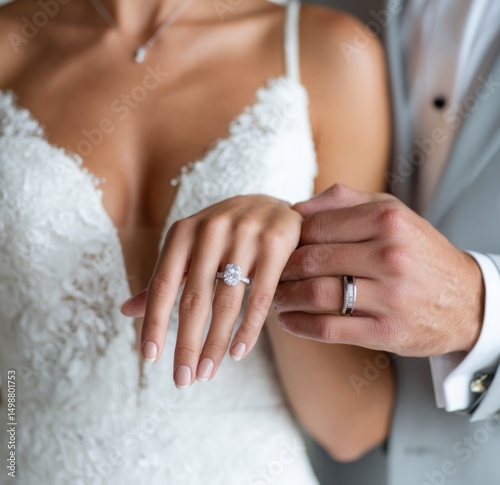 Close-up of hands of newlyweds with wedding rings and bouquet. Ideal for themes related to weddings, anniversaries, engagements and love stories.