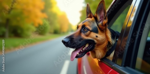 German Shepherd's head out car window, ears flapping, animal, adventure