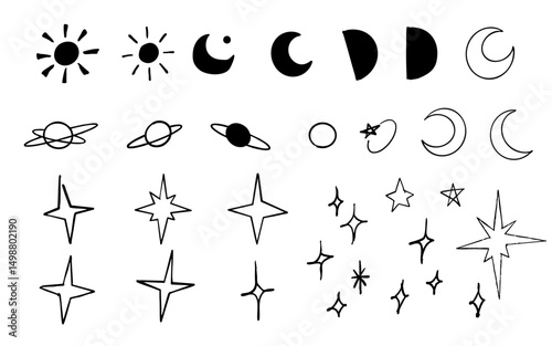 手書きの月や太陽・天体のイラストセット(モノクロ)