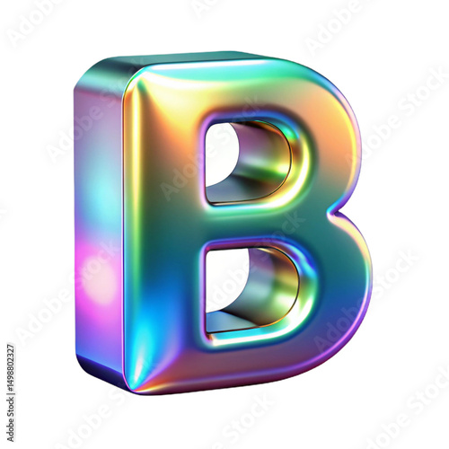 Glossy 3D letter 'B' in a holographic rainbow palette with a metallic sheen. Perfect for digital graphics, futuristic typography, and design work.