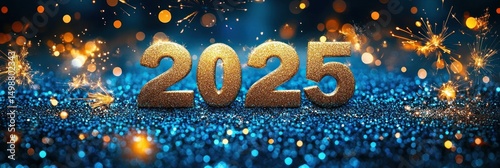 Golden glittery numbers 2025 standing on sparkling blue surface with bright orange and yellow festive sparks and bokeh lights, creating a celebratory atmosphere