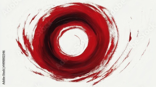Abstract circular brushstroke design with swirling red and black tones on white background evoking dynamic energy and motion