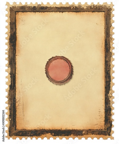 A vintage, aged paper with dark distressed edges resembling a postage stamp border and a round, red wax seal imprint in the center, conveying an antique and nostalgic feel