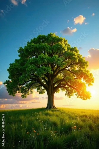 Golden hour light bathes sprawling maple on idyllic meadow, azure sky, tranquil, blue