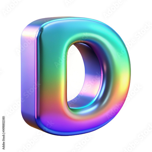 Holographic 3D letter 'D' with a shiny iridescent finish, bold colors, and a futuristic aesthetic ideal for design, branding, and digital interfaces.