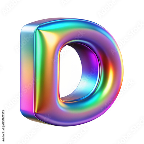 Holographic 3D letter 'D' with a shiny iridescent finish, bold colors, and a futuristic aesthetic ideal for design, branding, and digital interfaces.