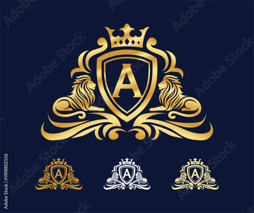 luxury lion logo crest heraldry logo emblem premium design template golden ornament on black background