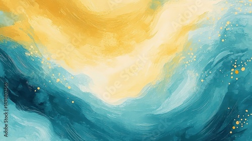 Abstract flowing waves of blue and yellow hues blending with scattered golden dots creating a serene and dynamic atmosphere