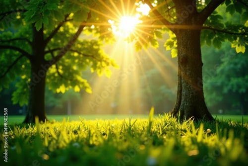 Golden sunlight filters through lush green canopy, creating radiant highlights , shadow, canopy