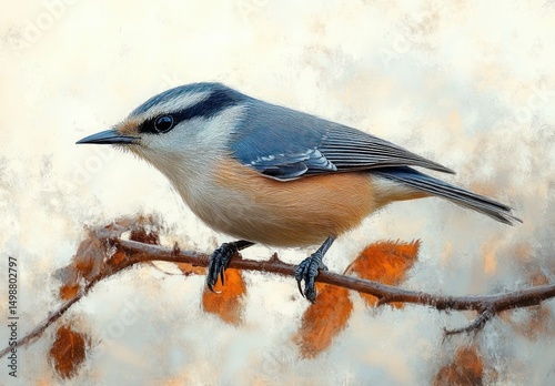 small bird perched on a thin branch with dried leaves in a soft muted background