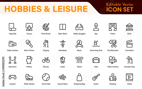 Creative Hobbies and Leisure Icons – Clean Outline, Line Art, Vector Illustrations for DIY Crafts, Outdoor Fun, Entertainment, and Recreation Projects