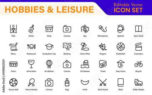 Creative Hobbies and Leisure Icons – Clean Outline, Line Art, Vector Illustrations for DIY Crafts, Outdoor Fun, Entertainment, and Recreation Projects