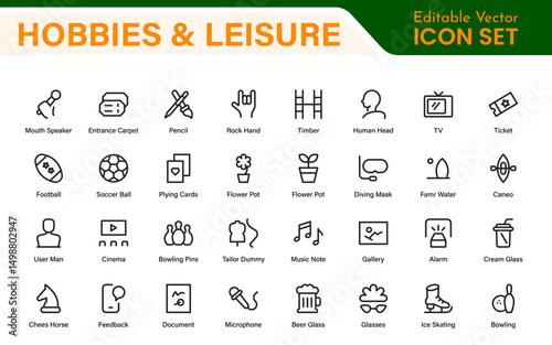 Creative Hobbies and Leisure Icons – Clean Outline, Line Art, Vector Illustrations for DIY Crafts, Outdoor Fun, Entertainment, and Recreation Projects