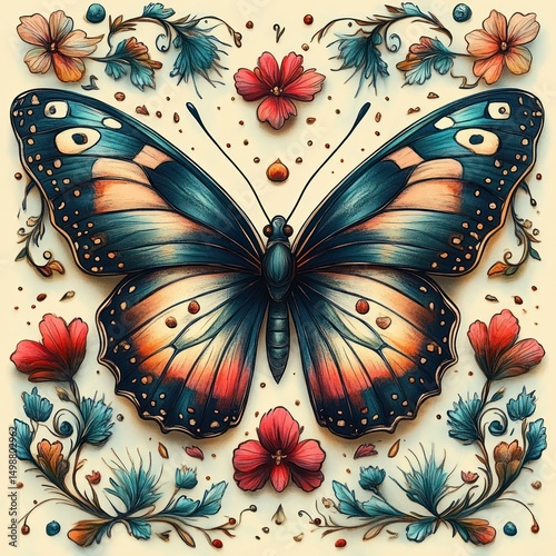 Intricately detailed butterfly with blue and orange wings surrounded by symmetrical floral and leaf patterns in red, blue, and green tones on a light background