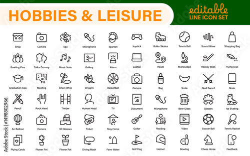 Creative Hobbies and Leisure Icons – Clean Outline, Line Art, Vector Illustrations for DIY Crafts, Outdoor Fun, Entertainment, and Recreation Projects