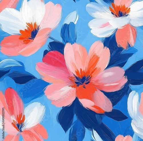 Colorful abstract painting of large vibrant flowers with broad petals in shades of pink, white, coral, and blue on a bright blue background expressing a lively and cheerful mood