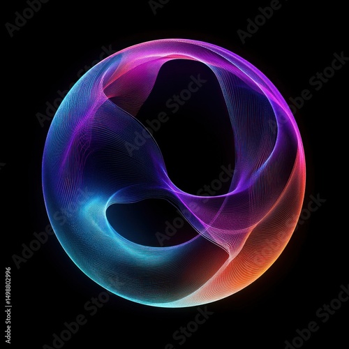 Glowing circular wave with smooth flowing lines in vibrant gradient colors on black background, conveying motion and energy