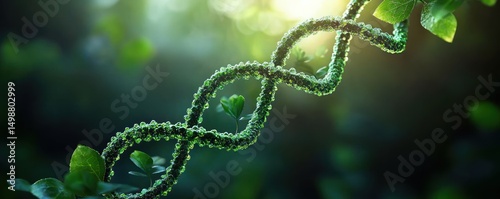 Green DNA double helix constructed from small leaves and dewdrops glowing in soft sunlight with surrounding foliage in a natural environment