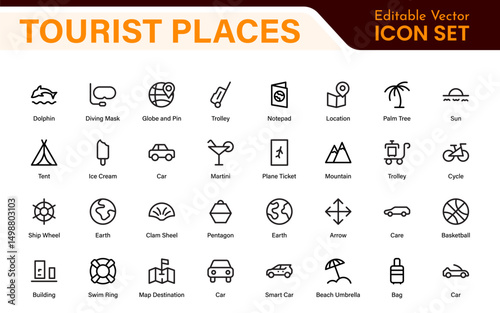 Tourist Destinations Icon Collection – Vector, Line Art, and Minimal Outline Illustrations for Famous Landmarks, Attractions, and Vacation Travel Designs
