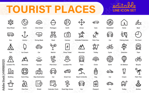 Tourist Destinations Icon Collection – Vector, Line Art, and Minimal Outline Illustrations for Famous Landmarks, Attractions, and Vacation Travel Designs