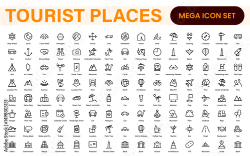 Tourist Destinations Icon Collection – Vector, Line Art, and Minimal Outline Illustrations for Famous Landmarks, Attractions, and Vacation Travel Designs