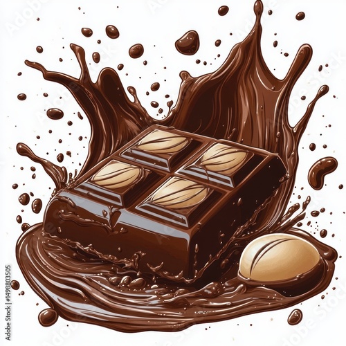 Close-up of a chocolate bar with almond pieces splashing into melted chocolate with a whole almond nearby, evoking indulgence and richness