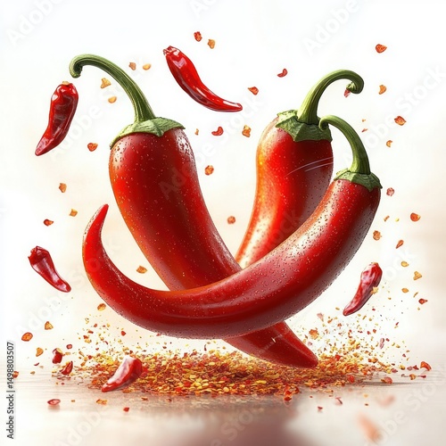 Three vibrant red chili peppers suspended in midair surrounded by scattered crushed chili flakes on a white background with water droplets on peppers